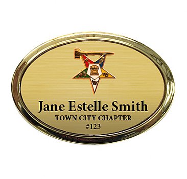 1.5x2.5 Oval Badge with Gold Frame, with Clutch, Pin, or Magnet Back with Cast Emblem