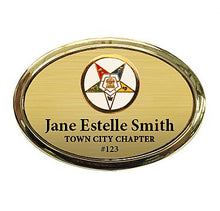 Load image into Gallery viewer, 1.5x2.5 Oval Badge with Gold Frame, with Clutch, Pin, or Magnet Back with 7/8 Round Medallion
