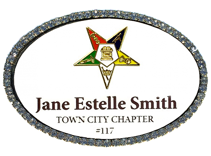 1.5x2.5 Oval Badge with Jeweled Gold or Silver Frame, with Clutch, Pin, or Magnet Back, with Cast Emblem