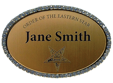 Load image into Gallery viewer, 1.5x2.5 Oval Badge with Jeweled Gold or Silver Frame, with Clutch, Pin, or Magnet Back
